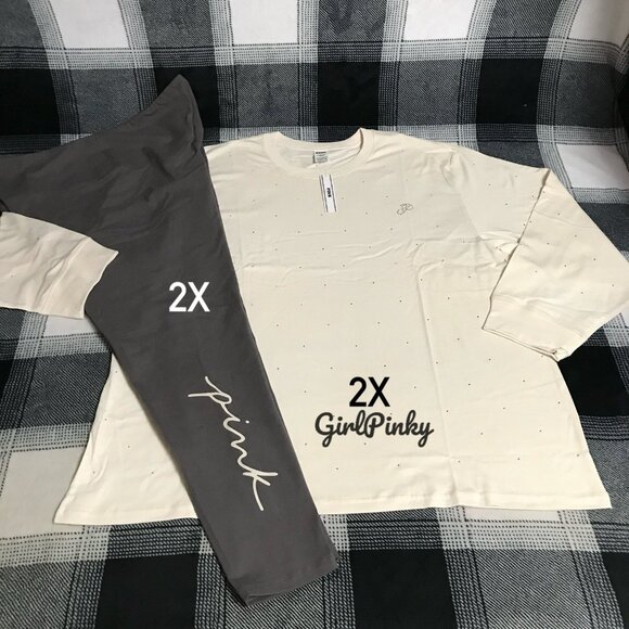 VS PINK LEGGINGS OUTFIT WITH LONG SLEEVE CAMPUS BLING LOGO TEE IN SIZE 2X - Picture 1 of 11